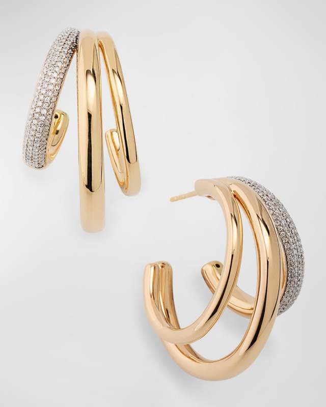14K Yellow Gold 3-Hoop Earrings with Pave Diamonds